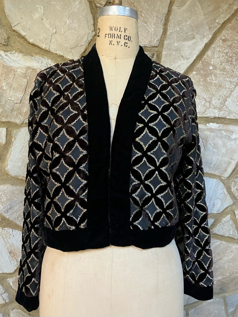 PATRA Vintage Womens Black Velvet Geometric Sparkly Cropped Jacket